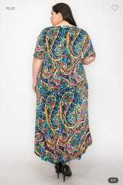 LD-Z {Dreams Of Paisley} Blue Paisley Print High/Low Dress EXTENDED PLUS SIZE 3X 4X 5X