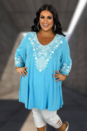 59 SD {Classy Beauty} Aqua V-Neck Embossed Tunic CURVY BRAND!!!  EXTENDED PLUS SIZE XL 2X 3X 4X 5X 6X (May Size Down 1 Size)