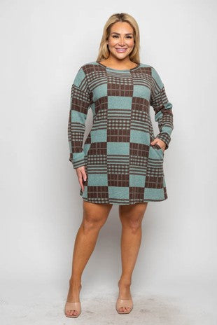 41 PLS {Love At First Sight}  MInt/Brown Checkered Dress PLUS SIZE XL 2X 3X