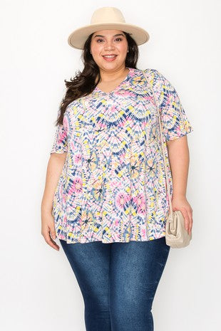 48 PSS {Simply Tie-Dye} Ivory/Pink Mix Tie Dye V-Neck Top EXTENDED PLUS SIZE 3X 4X 5X