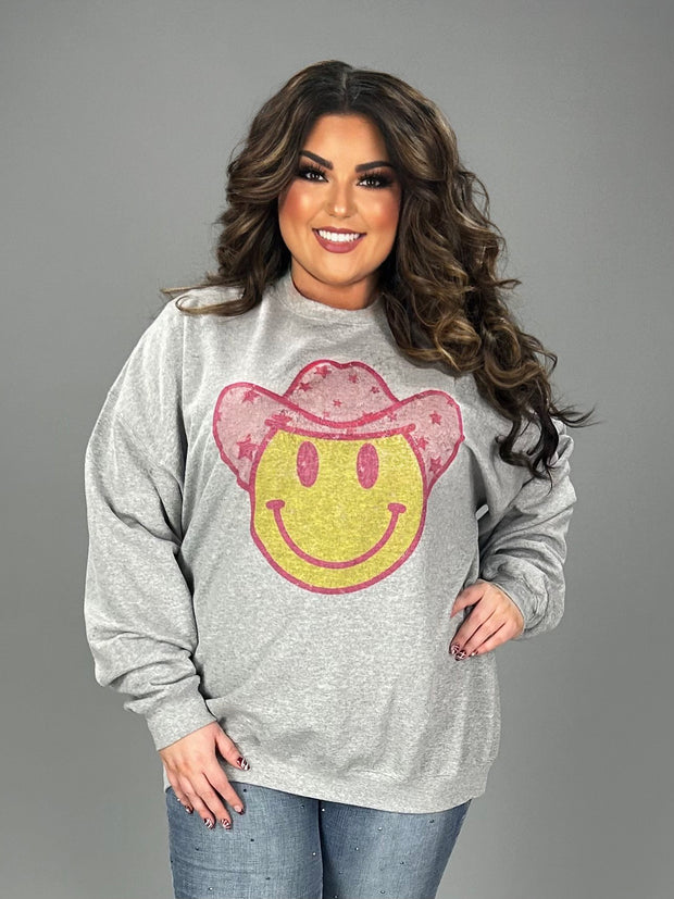 43 GT {Pink Cowboy} Grey/Pink Smiley Face Graphic Sweatshirt PLUS SIZE 1X 2X 3X