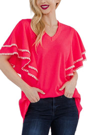 69 SD {No Issues Here} Hot Pink Textured Flutter Sleeve Top PLUS SIZE XL 2X 3X