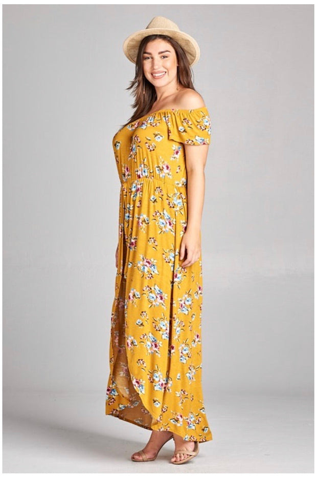 RP-D {Picnic In The Park} Mustard Floral Romper W/Overlay SALE!!  PLUS SIZE 1X 2X 3X