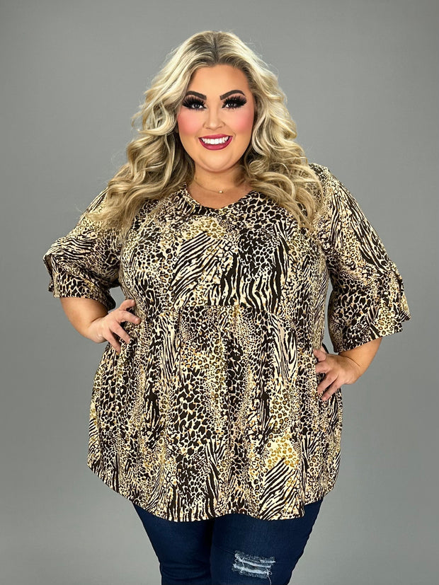 25 PSS {Round It Up} Taupe/Brown Animal Print Babydoll Top