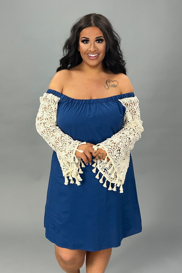 OS-J {Brighter Days} Blue Tunic with Crochet Lace Sleeves