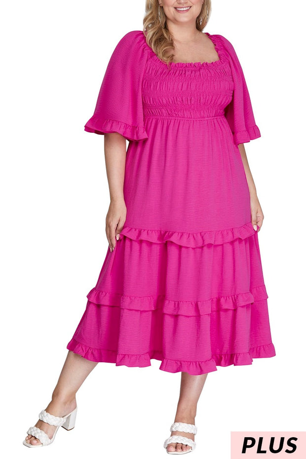 LD-G {Kindred Hearts} Hot Pink Smocked Tiered Dress PLUS SIZE XL 1X 2X