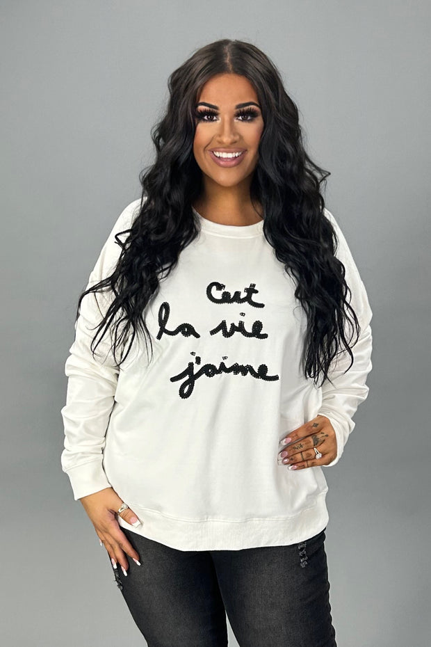 GT-L {That Is The Life I Love} Ivory Sweatshirt Black Stitching SALE!!!