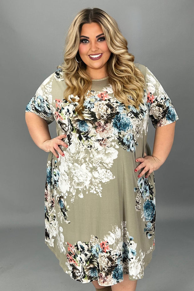 80 PSS-B {Delicate Garden} Taupe Floral Dress w/Pockets EXTENDED PLUS SIZE 3X 4X 5X