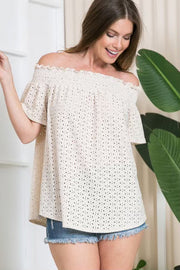 78 OS-A {Such A Sweetie} Taupe Eyelet Off Shoulder Top PLUS SIZE 1X 2X 3X