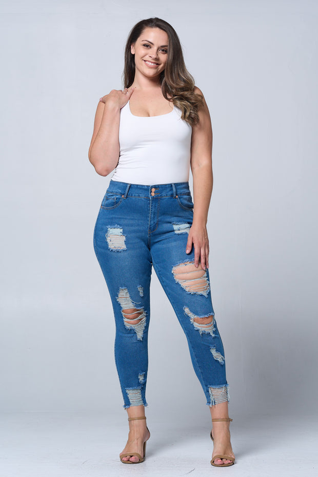 BT-T {Curvalicious} Med Blue Tummy Tuck Butt Lift Distress Jeans