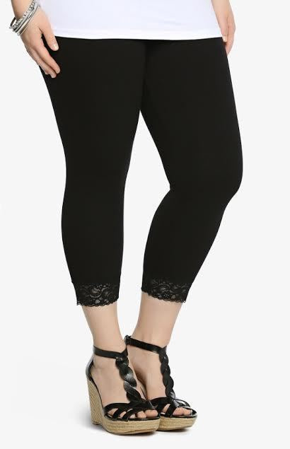 BT-N {Paris Mode} Black Lace Hem Capri Leggings CURVY BRAND!!! EXTENDED PLUS SIZE 1X 2X 3X 4X 5X 6X
