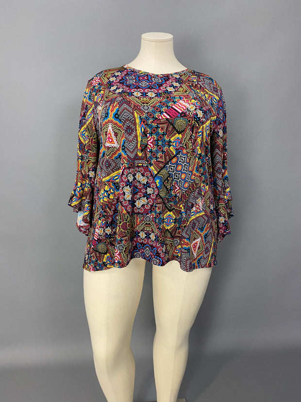 19 PQ {Dreamy Time} Black/Mustard Mixed Print Top EXTENDED PLUS SIZE 4X 5X 6X