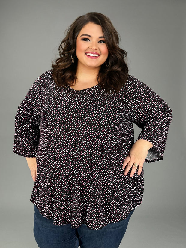 26 PQ {Easy To Believe} Black V-Neck Top w/Ivory/Fuchsia Dots EXTENDED PLUS SIZE 3X4X 5X
