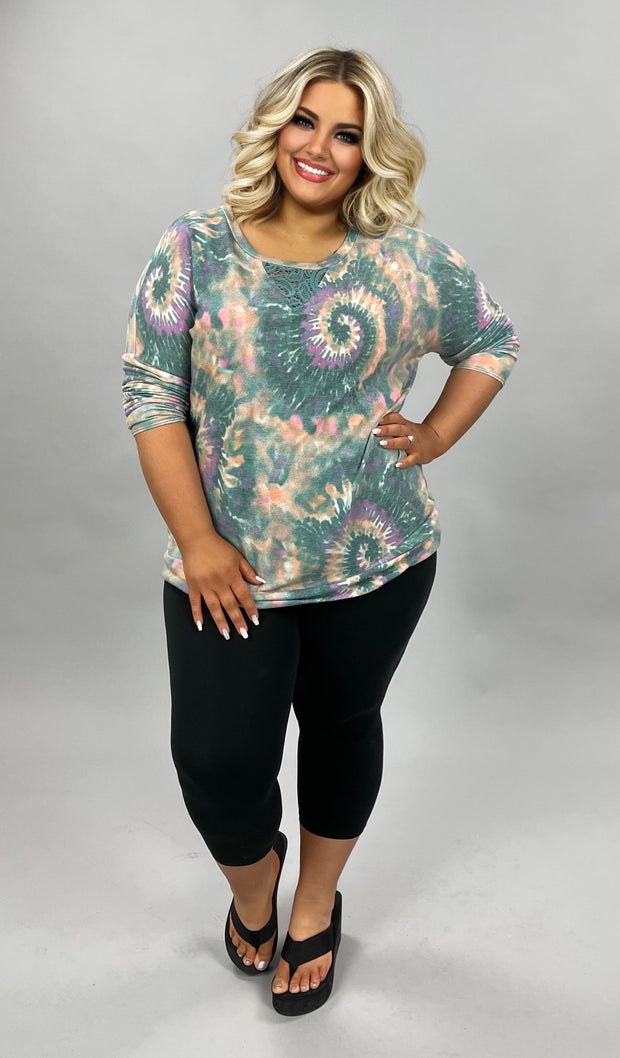 CP-B {Too Cool For You} ***FLASH SALE***Teal, Tan, Purple Tie Dye Lace Detail Top PLUS SIZE XL 2X 3X