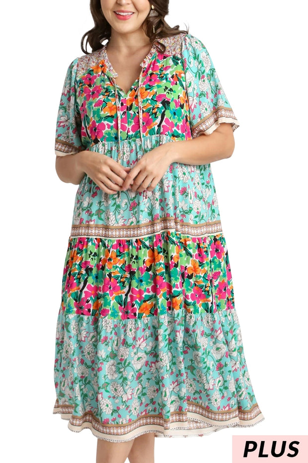 LD-Y {Garden Paradise} Umgee Mint Floral Tiered Dress PLUS SIZE XL 1X 2X