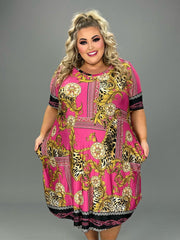 32 PSS-C {Always Searching} Fuchsia/Gold Mixed Print Dress EXTENDED PLUS SIZE 3X 4X 5X