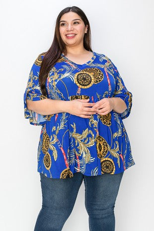 81 PSS {Time Will Tell} Royal Blue/Gold Print Babydoll Tunic EXTENDED PLUS SIZE 3X 4X 5X