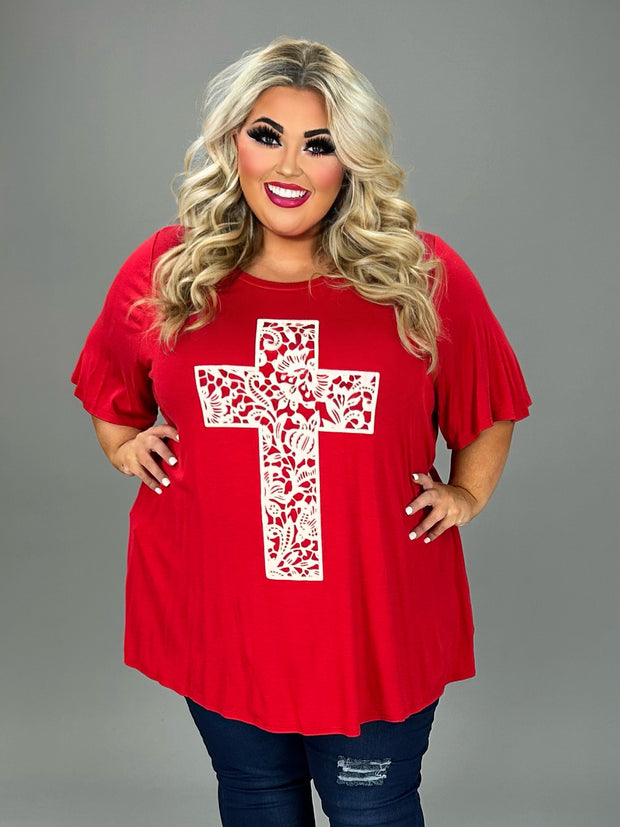 98 GT-B {In The Cross Is Life} Red Tunic w/Ivory Cross CURVY BRAND!!!  EXTENDED PLUS SIZE XL 2X 3X 4X 5X 6X (May Size Down 1 Size)