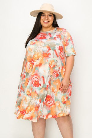12 PSS {Honey Floral} Orange Floral Dress w/Pockets  PLUS SIZE XL 2X 3X
