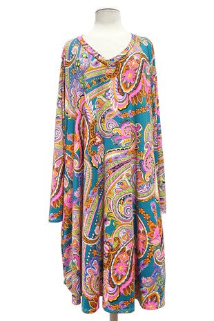 23 PLS {On A Whim} Pink/Teal Paisley Print V-Neck Dress EXTENDED PLUS SIZE 4X 5X 6X