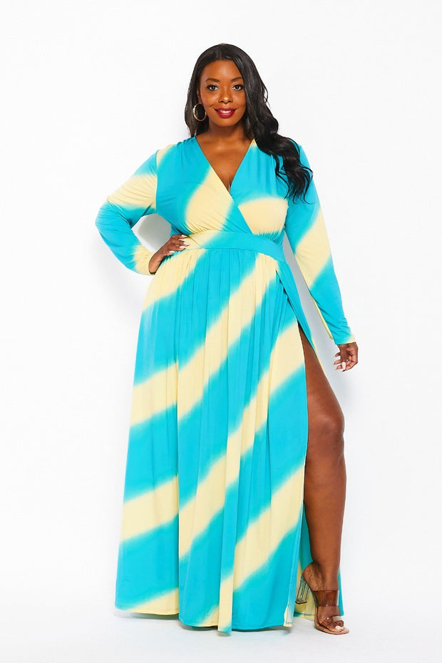 LD-E {Stay And Chat} Aqua/Yellow Maxi Dress w/Side Slits PLUS SIZE 1X 2X 3X