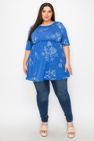 87 PSS {Keep On Hoping} Royal Floral Ruffle Babydoll Tunic EXTENDED PLUS SIZE 4X 5X 6X