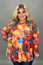 11 PLS {Total Eclipse} Red/Multi-Color Circle Print V-Neck Top EXTENDED PLUS SIZE 3X 4X 5X
