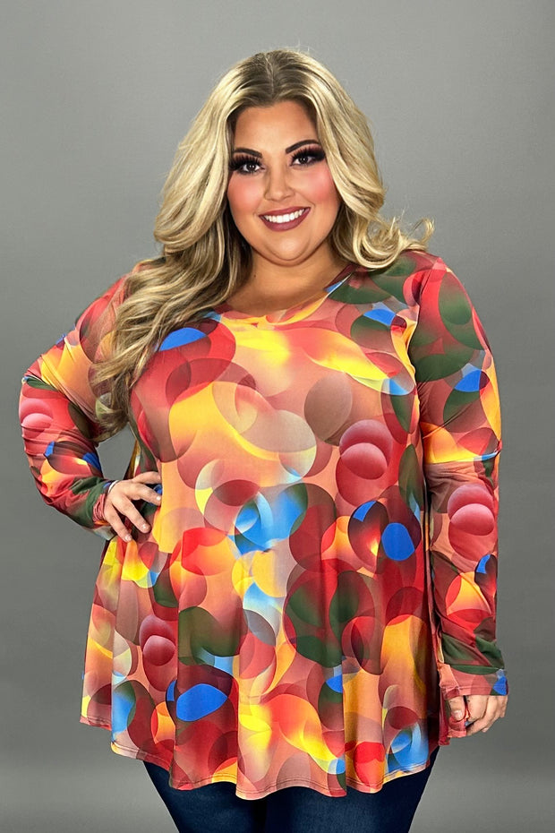 11 PLS {Total Eclipse} Red/Multi-Color Circle Print V-Neck Top EXTENDED PLUS SIZE 3X 4X 5X