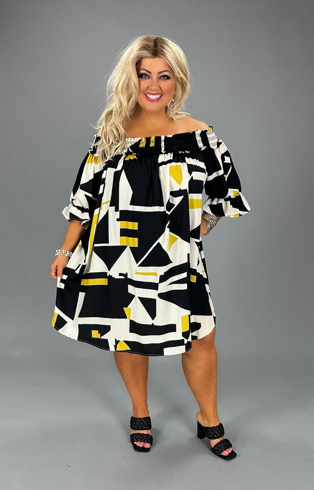 23 OS-S {Love Interest} Mustard Black Geo Print Dress PLUS SIZE XL 2X 3X