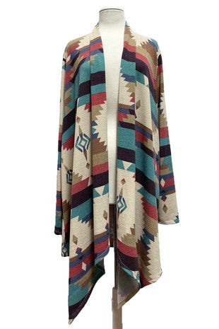 32 OT {Heading West} Ivory/Multi-Color Aztec Print Cardigan EXTENDED PLUS SIZE 3X 4X 5X