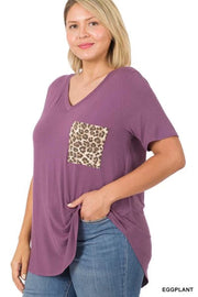 27 SD-B {Perfect Pocket} Purple V-Neck Leopard Pocket Top PLUS SIZE 1X 2X 3X