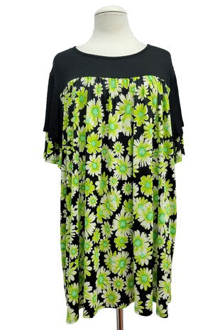 65  CP {Daisy After Dark} Black/Green Daisy Print Top EXTENDED PLUS SIZE XL 2X 3X 4X 5X