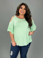 95 OS-F {Feels Just Right} Mint Striped Open Shoulder Top PLUS SIZE 1X 2X 3X