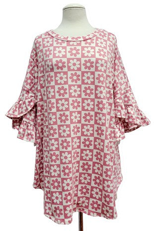 100 PSS {Daisy In Check} Pink Daisy Print Top EXTENDED PLUS SIZE 2X 3X 4X  TRUETO SIZE!!