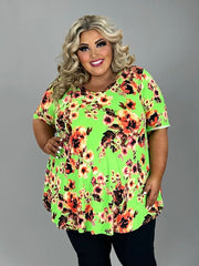 85 PSS {Dancing Thru Life} Neon Green Floral V-Neck Top EXTENDED PLUS SIZE 3X 4X 5X
