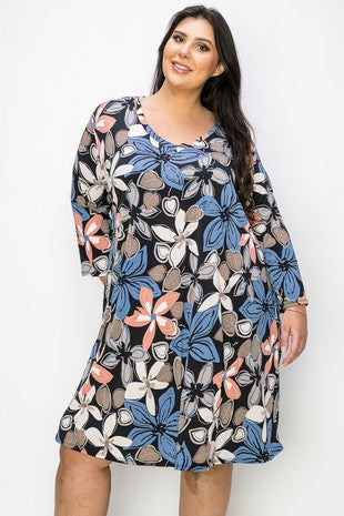 52 PQ {Floral Dreaming} Black Large Floral V-Neck Dress EXTENDED PLUS SIZE 3X 4X 5X