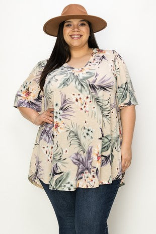 41 PSS {Forging My Own Path} Ivory Floral V-Neck Top PLUS SIZE XL 2X 3X