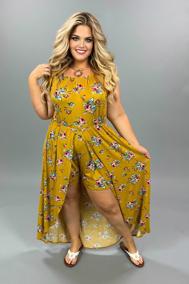 RP-D {Picnic In The Park} Mustard Floral Romper W/Overlay SALE!!  PLUS SIZE 1X 2X 3X