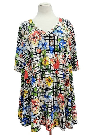 60 PSS {Upscale Style} Ivory/Black Floral Print V-Neck Top EXTENDED PLUS SIZE 3X 4X 5X