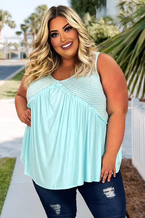 98 SV-C {All For Fun} Light Blue Stripe Print Top PLUS SIZE 1X 2X 3X
