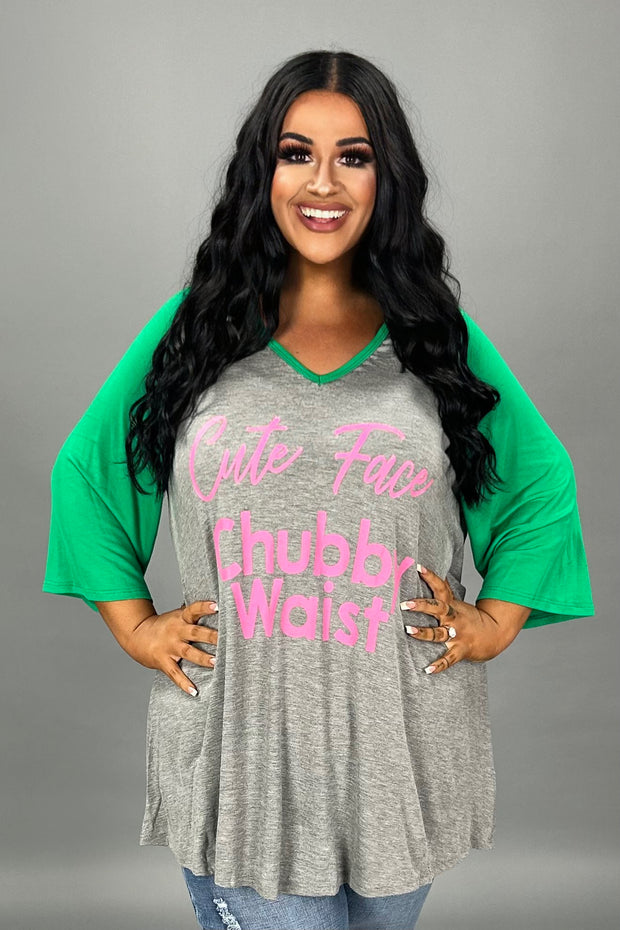 28 GT {Cute Face Chubby Waist} Grey Green Graphic Tee CURVY BRAND!!!  EXTENDED PLUS SIZE XL 2X 3X 4X 5X 6X (May Size Down 1 Size)