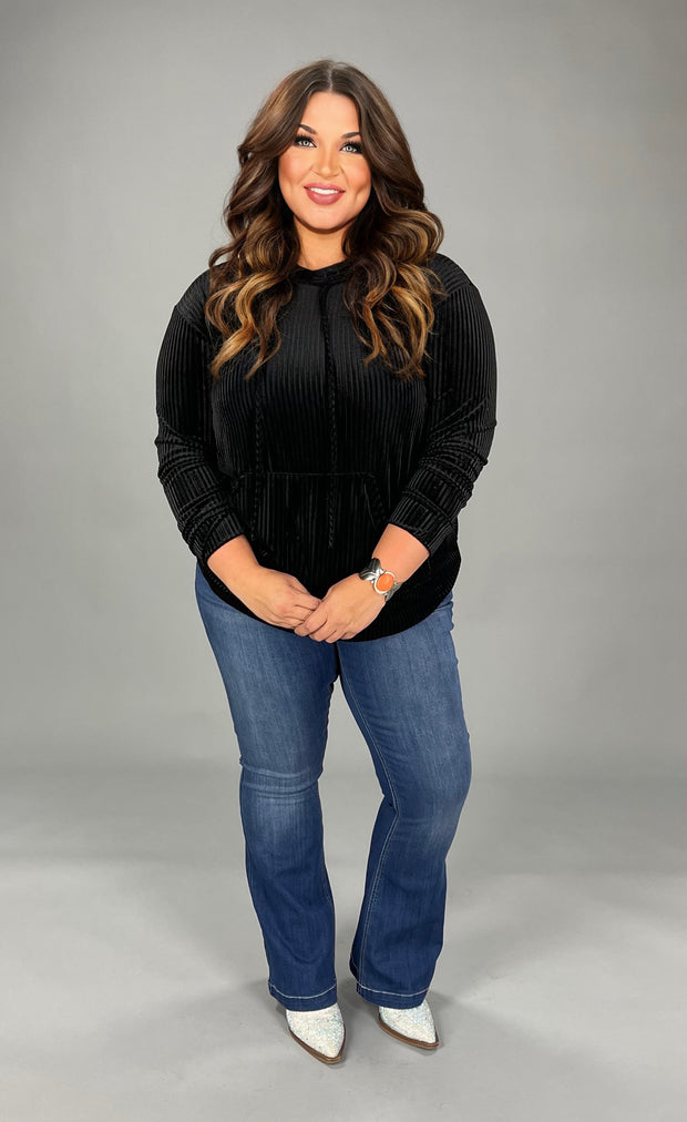HD-N {Midnight Rodeo} SALE!! Black Velvet Ribbed Hoodie With  Drawstring
