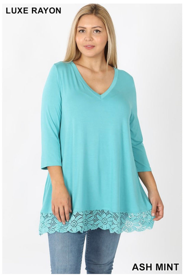 SD-M (Just Amazing) Ash Mint V-Neck Tunic With Lace Hem PLUS SIZE 1X 2X 3X