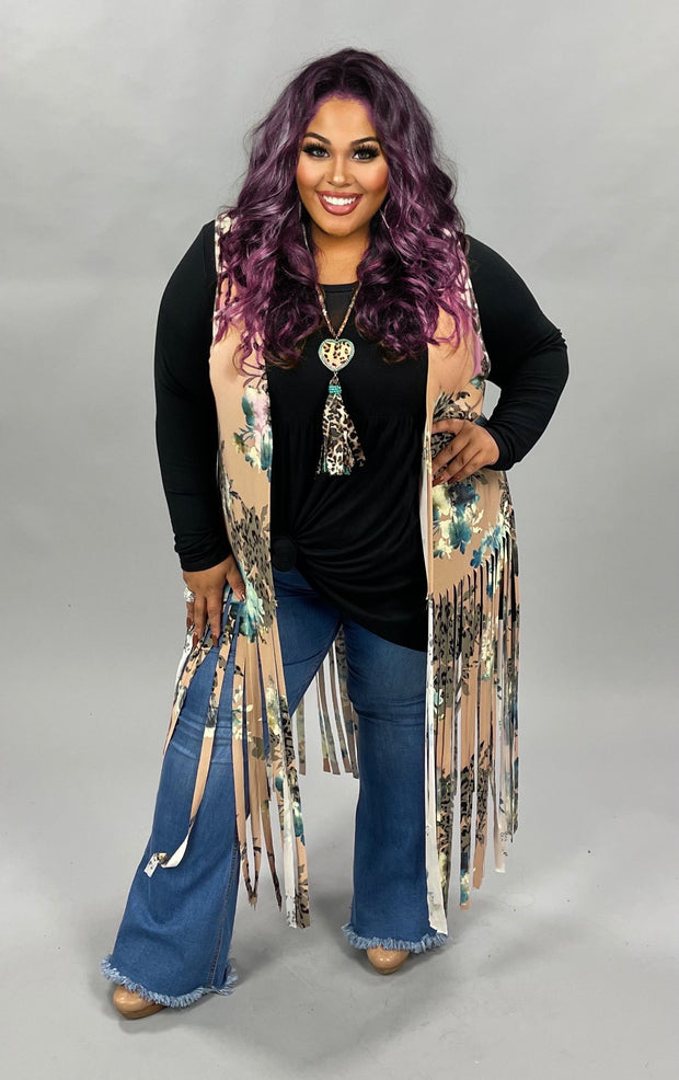 LD-N {Based On Fun} Tan/Blue Floral Vest W/Fringe SALE!!!  PLUS SIZE 1X 2X 3X