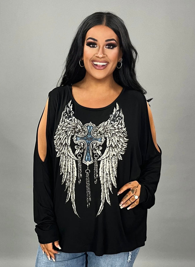 44 GT “VOCAL” {Angel Wings} Black Cold Shoulder Graphic Tee PLUS SIZE XL 2X 3X