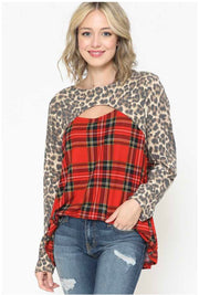 16 CP-F {Don't Doubt It} Red Plaid & Leopard Neck Detail Top SALE!!! EXTENDED  PLUS SIZE XL 2X 3X  4X 5X 6X