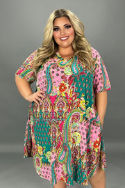 73 PSS-D {Make Heads Turn} Multi-Color Print V-Neck Dress EXTENDED PLUS SIZE 3X 4X 5X