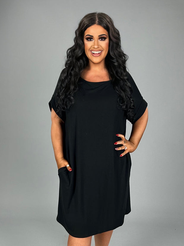 33 SSS-B {Beautiful Night} Black Roll Sleeve Dress With Pockets PLUS SIZE 1X 2X 3X