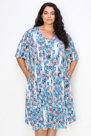 13 PSS {Unbeatable Sight} Blue/Coral Print V-Neck Dress  EXTENDED PLUS SIZE 3X 4X 5X