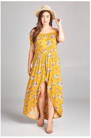 RP-D {Picnic In The Park} Mustard Floral Romper W/Overlay  PLUS SIZE 1X 2X 3X
